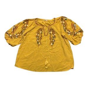 Solitaire Embroidered‎ Blouse Top Size Medium Mustard Yellow Spring Summer